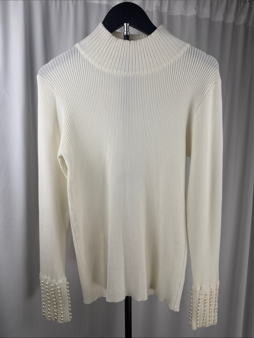 Aqua Cream Ribbed Mock Neck Sweater with Pearl-Cuff Detail